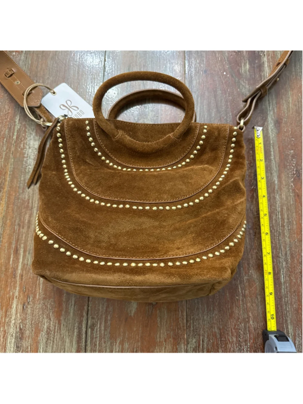 HOBO Chestnut Brown Suede Gold Studded Small Crossbody Tote Handbag NWT Handles